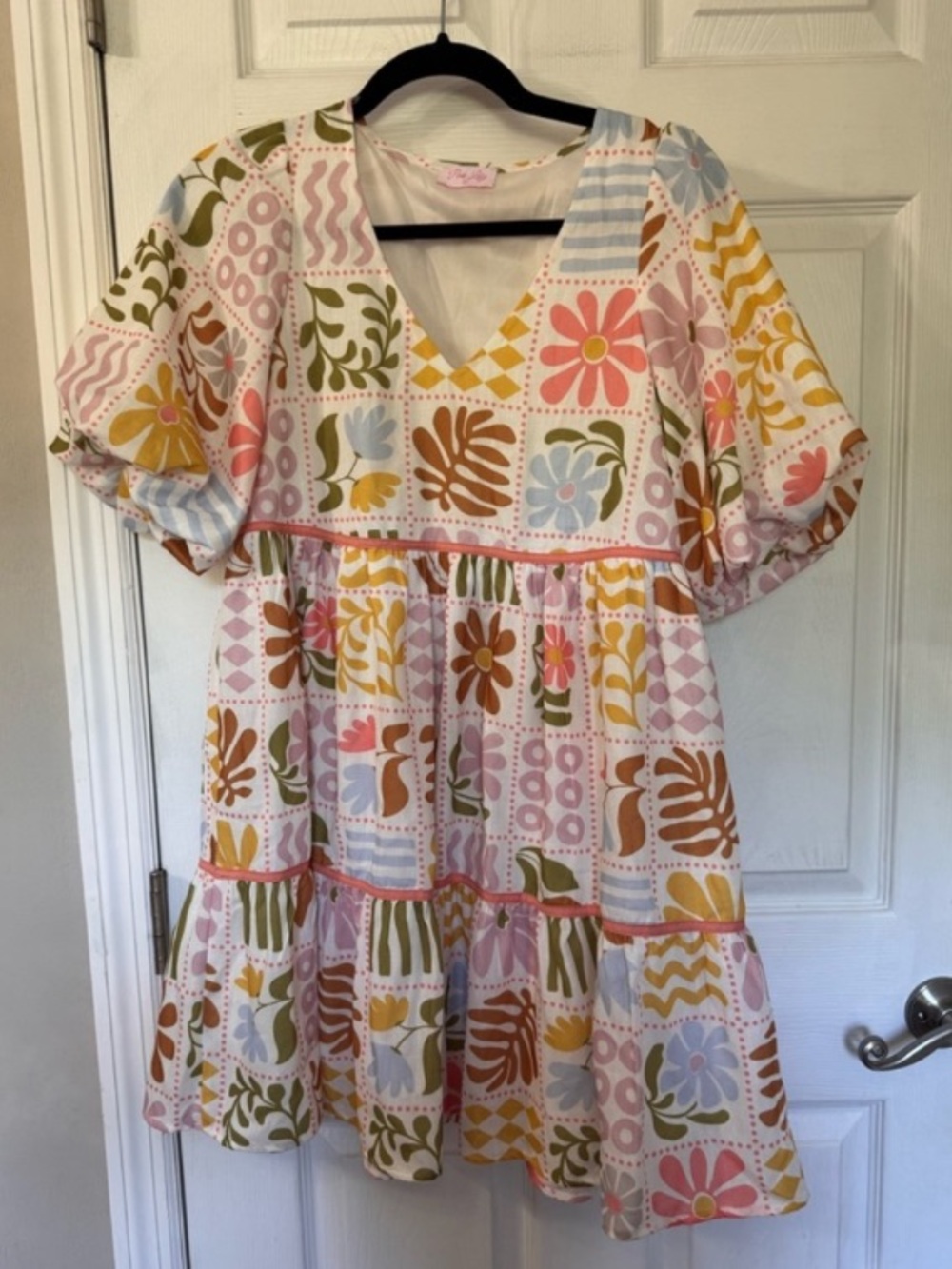 Pink Lily Patchwork Floral Tiered Dress in Pink, Yellow and Green